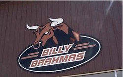 Custom shaped aluminum building sign, Billy Brahmas, Perry, Iowa